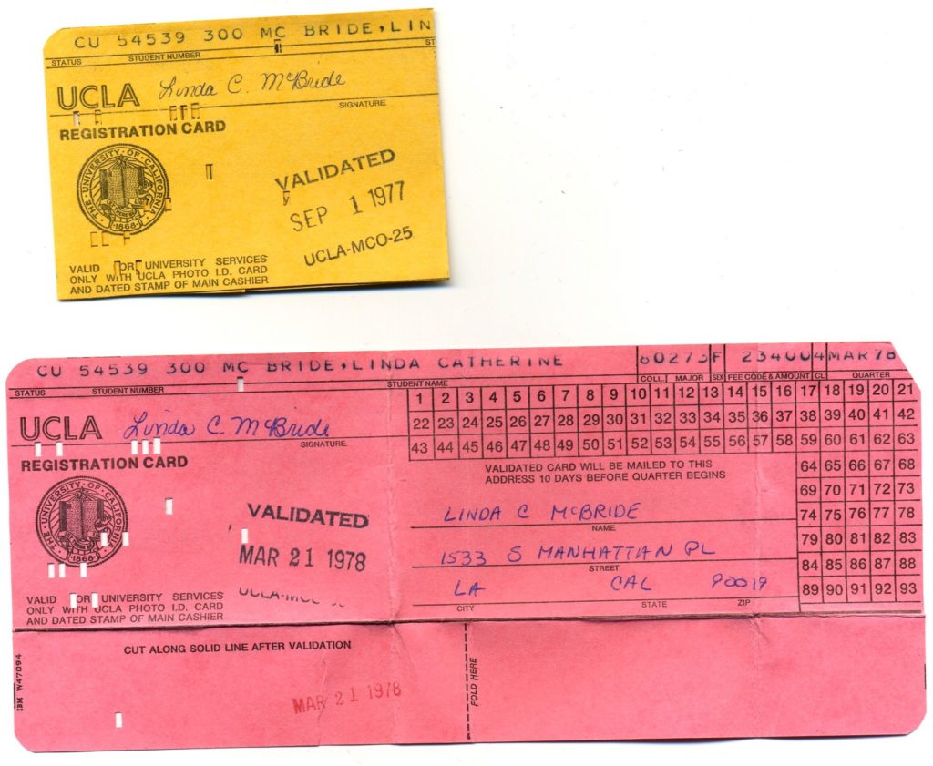 This is what the quarterly UCLA Registration cards looked like. They were very proud of their computer. (Yes, they had exactly one. It was an IBM 360/90.) So they used it to make these IBM cards, which you folded up to fit in your wallet.