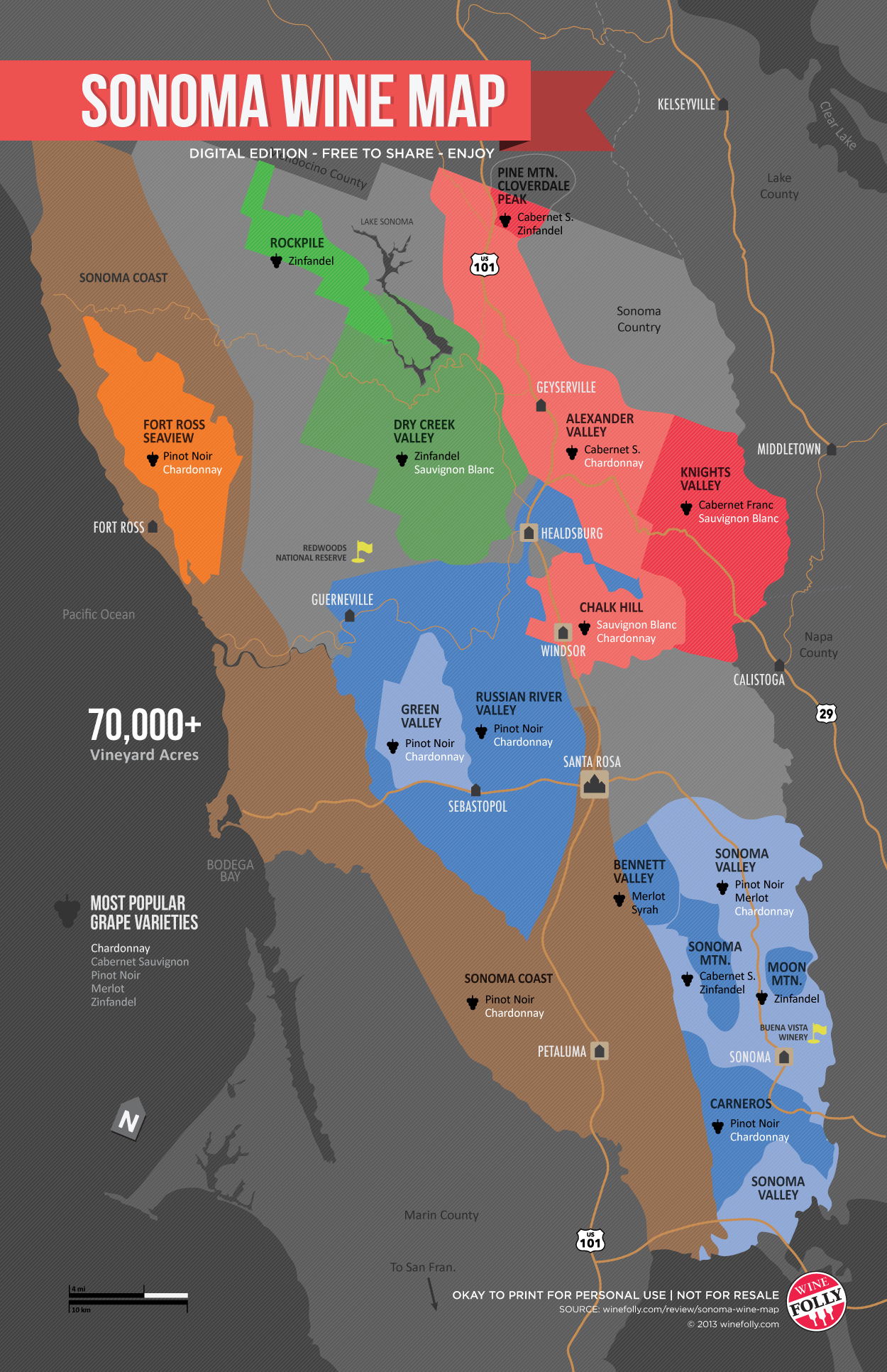 12 x 16 North Coast Wine Folly USA California Wine Map Poster Print 