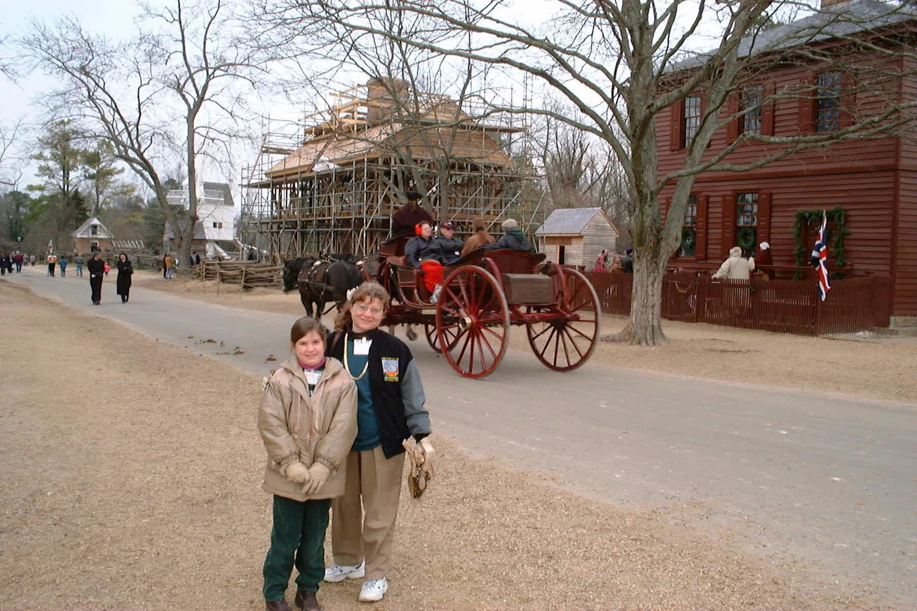 Linda and Danielle touring Colonial Williamsburg with construction scaffolding visible