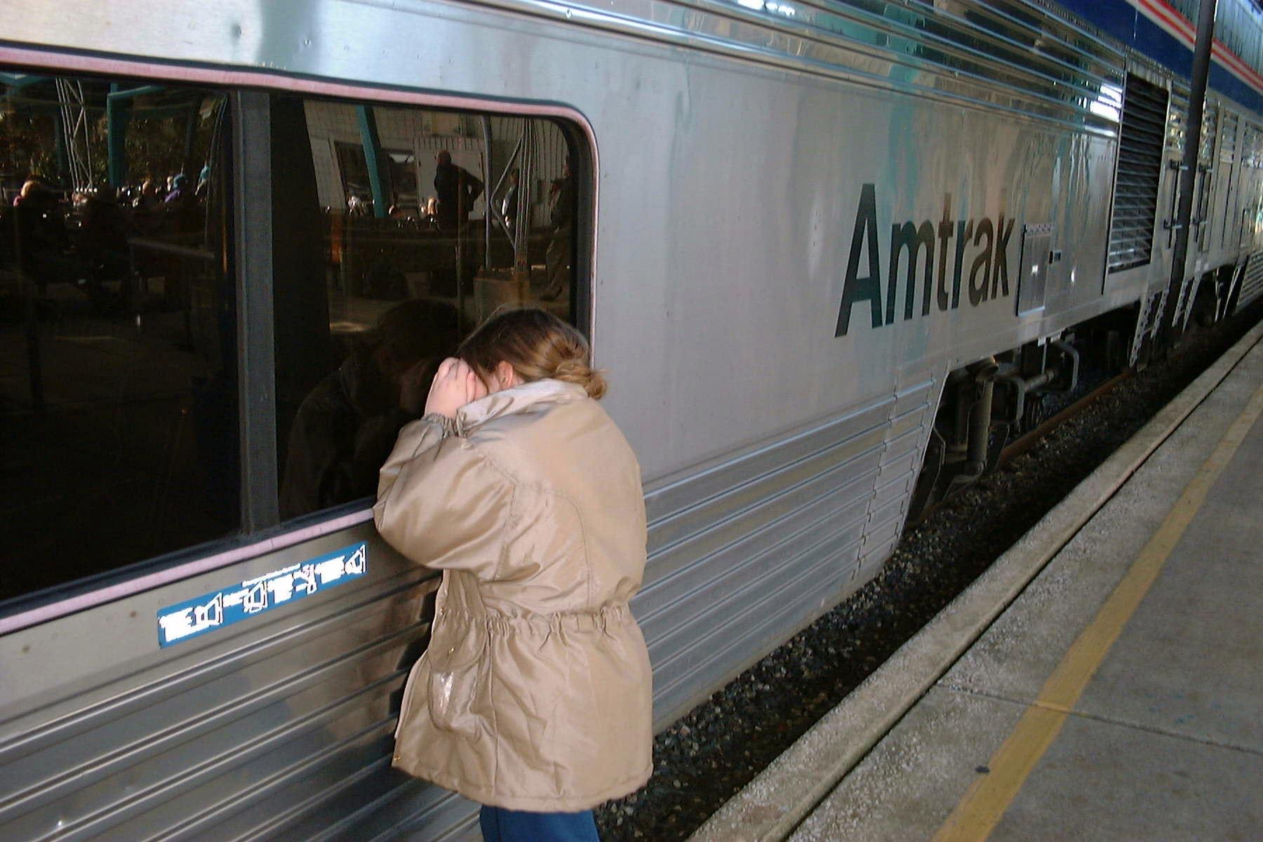 Linda peering into the auto train at the station